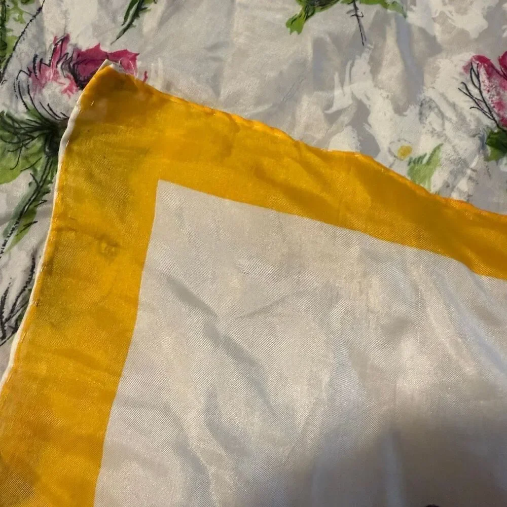 Printed Japan Yellow Silk Scarf Floral Rose Paint Art Yellow White Artist VTG